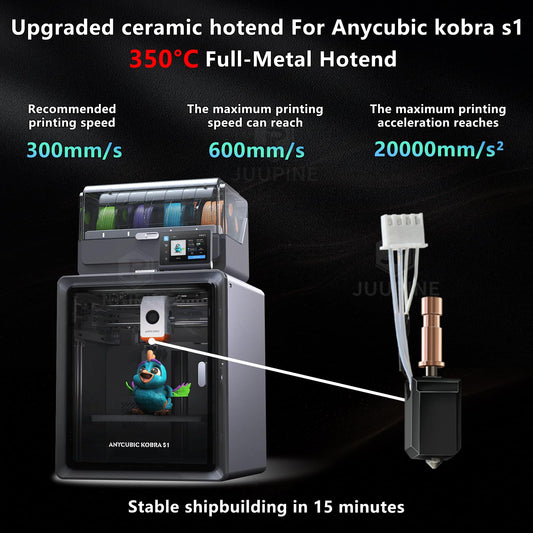JUUPINE 3D Printer Upgraded Fast Heating Kobra S1 Extruder Ceramic Heating Tube Hot End Kit includes 4 hardened steel nozzles (0.2/0.4/0.6/0.8) and 2 silicone socks.