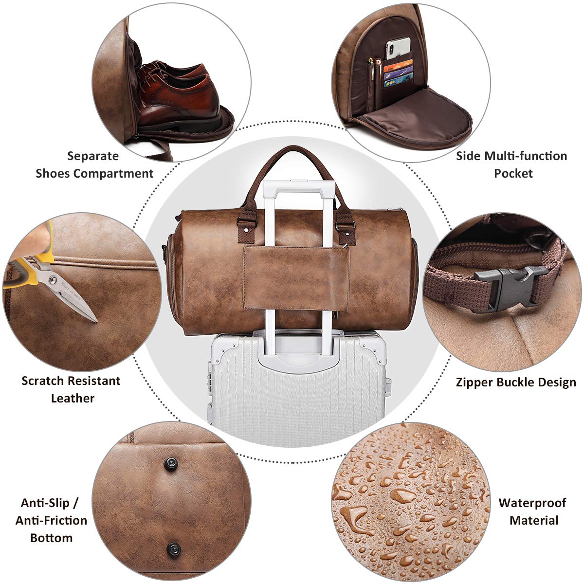 BOLOSTA Carry-On Bag for Travel, Leather, convertible, for men, with shoe compartment, waterproof, perfect for business trips/husband gifts, Brown, For Travel