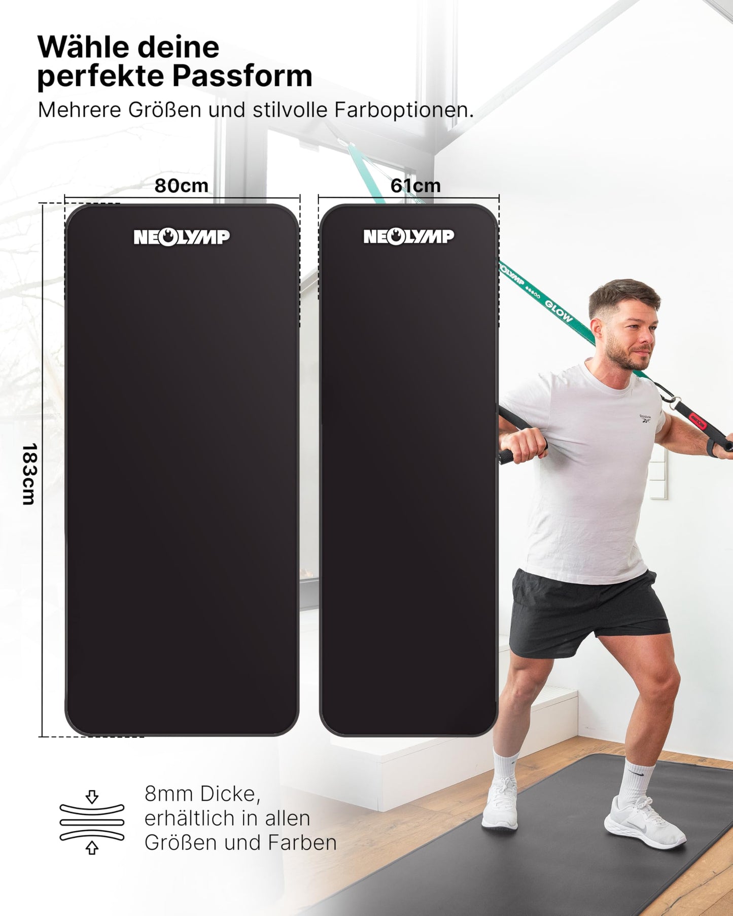 NEOLYMP extra thick and non-slip fitness mat with fitness e-book and carrying strap - Pilates mat, yoga mat, exercise mat, gymnastics mat, training mat (anthracite | 80 cm)