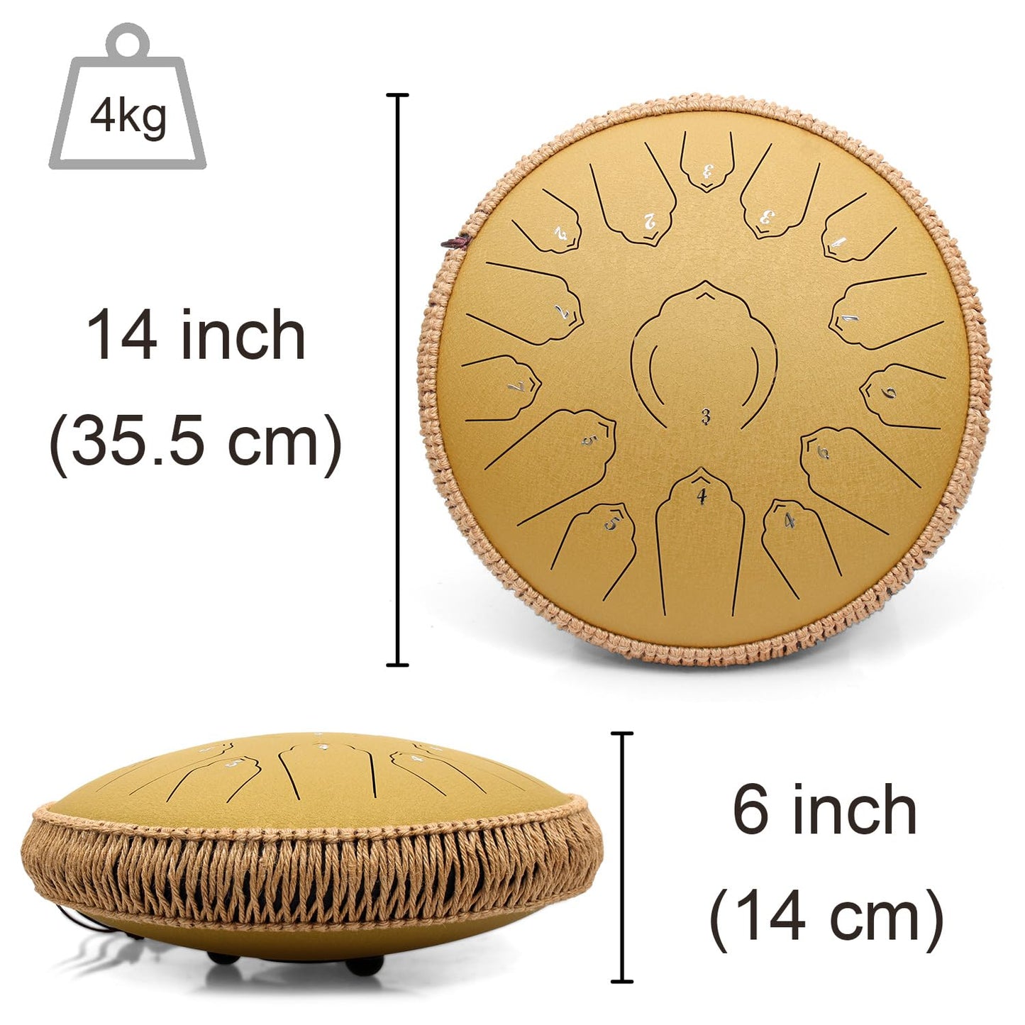 AMKOSKR Steel Tongue Drum, 14 inch 35 cm Steel Tongue Drum, C major 15 notes, Hand Drum HandPan Drum with Drumsticks/Carrying Bag (Gold)