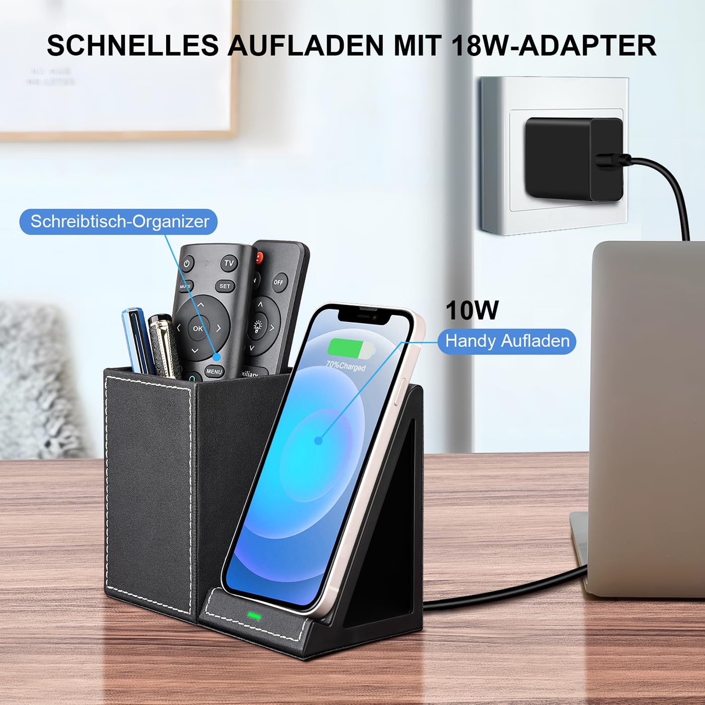 LADSTAG pen holder desk organizer with inductive charging station, office supplies 10W wireless charger for iPhone 14 13 12 11 Pro Max and Samsung Galaxy S23/S22/S21/S20/S9 (Black)