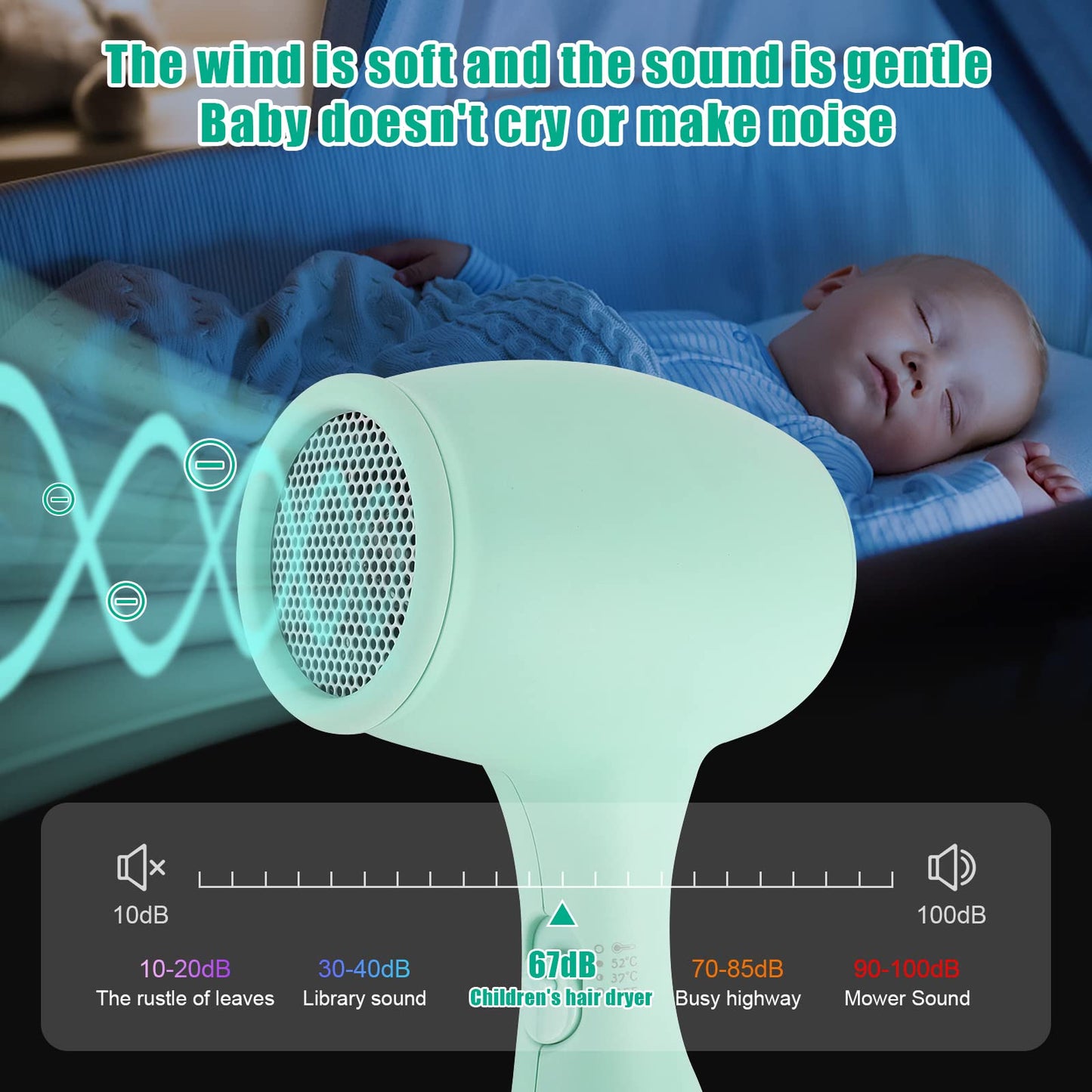 Lotvic Children's Hair Dryer, 550W Mini Hairdryer for Girls, Kids Hair Dryer with 3 Temperatures, Travel Hairdryer for Kids, Cute Mini Hair Dryer, Lightweight and Durable, Soft Touch Casing (Green)
