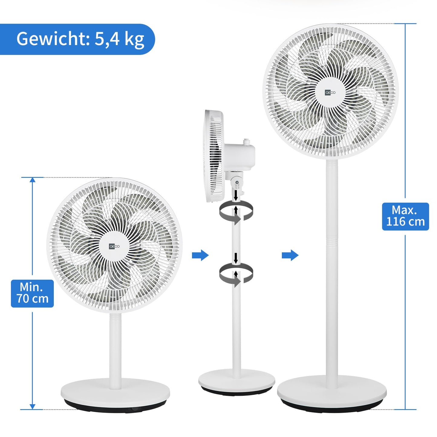 aeco AirX-Flow 100 Stand Fan 2-in-1 Stand & Table Fan 3 Speed Settings Adjustable Height Oscillation 85° 55W Powerful 7-Blade Fan Circulates Air