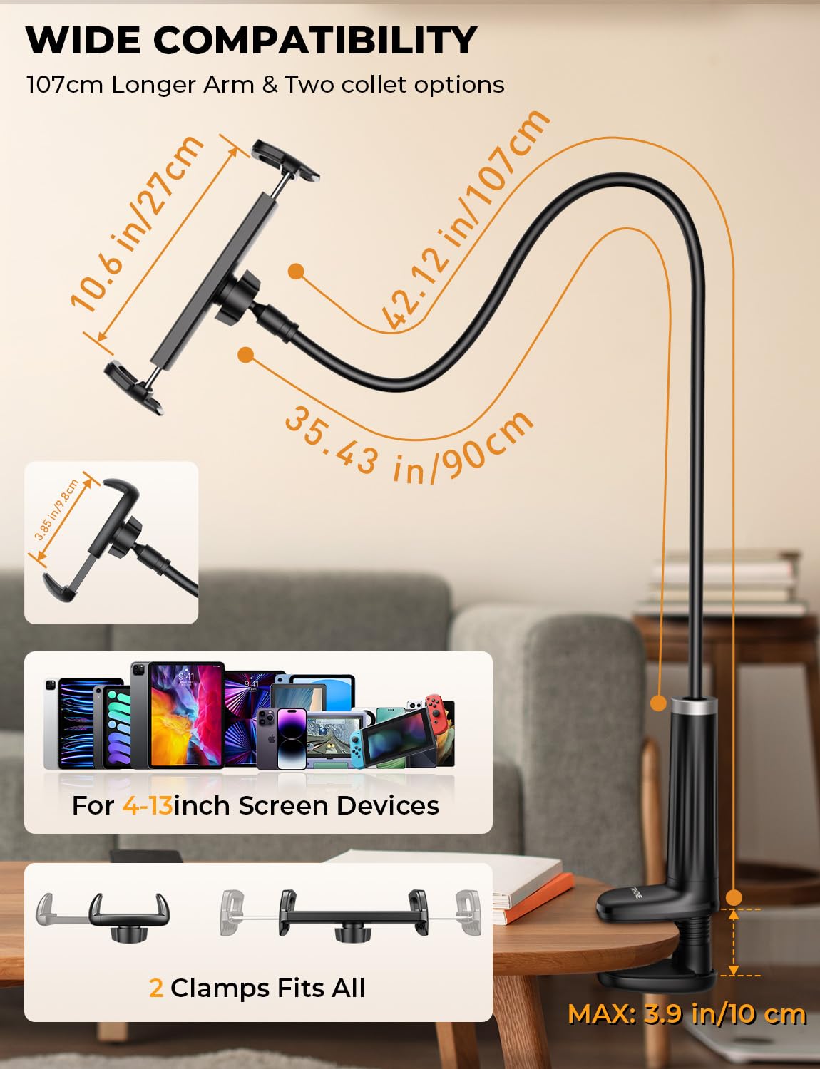 Tryone Gooseneck Tablet Holder for Bed: Tablet Stand with 360° Rotating Base and 2 Clips Phone Mount for Desk, Compatible with iPad Pro 12.9 Air Mini, Phone, or Other Devices from 4.7-12.9 Inches.