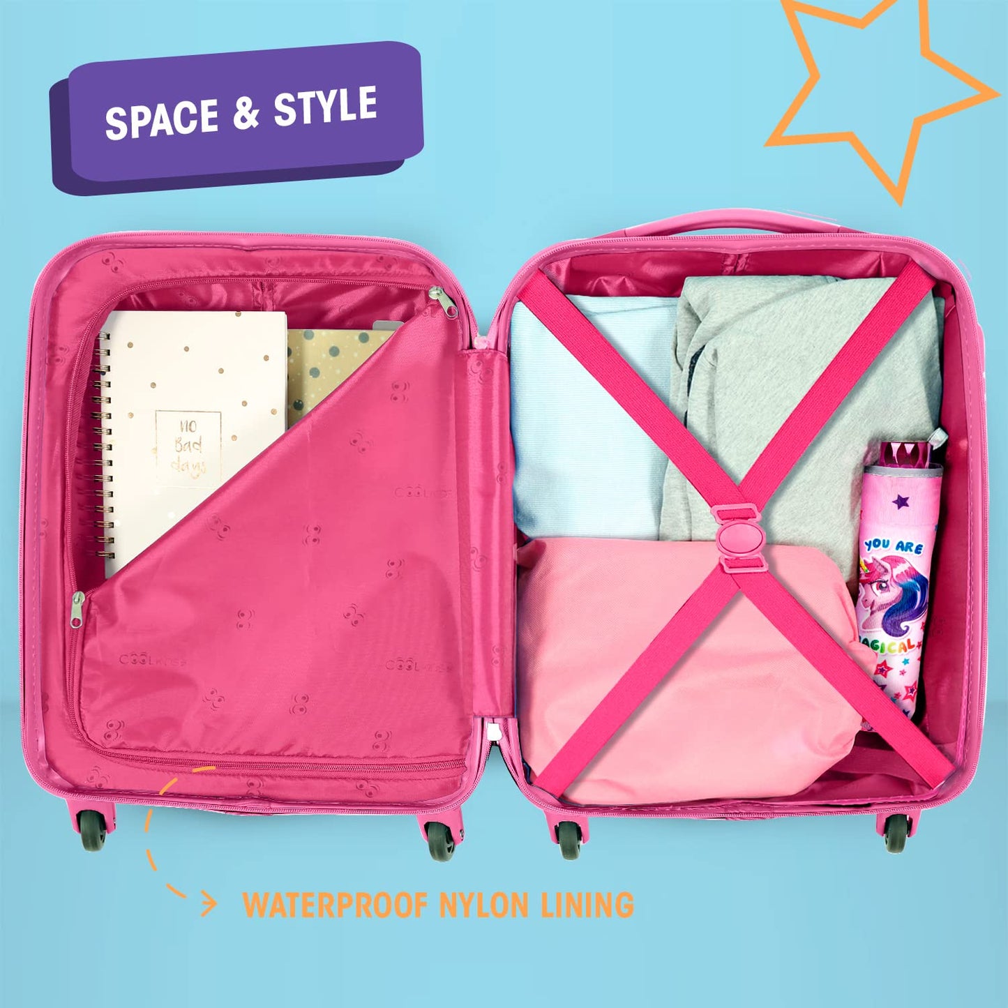 PERLETTI Unicorn Kids Suitcase Pink - Kids Trolley Carry-On Lightweight 4 Wheels and Combination Lock - Hard Shell Cabin Trolley for Girls - Travel Luggage Lufthansa Ryanair 51x35x20 cm (Unicorn Pink, XS)
