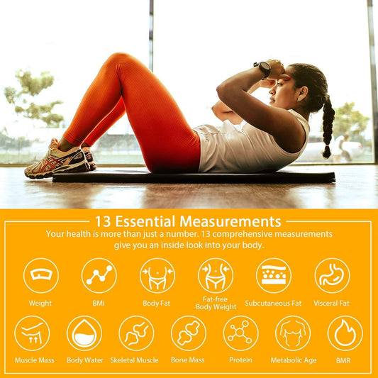 Body fat scale, digital bathroom scale with Bluetooth body analysis app for body fat, BMI, muscle mass, protein, BMR 28cm*28cm.