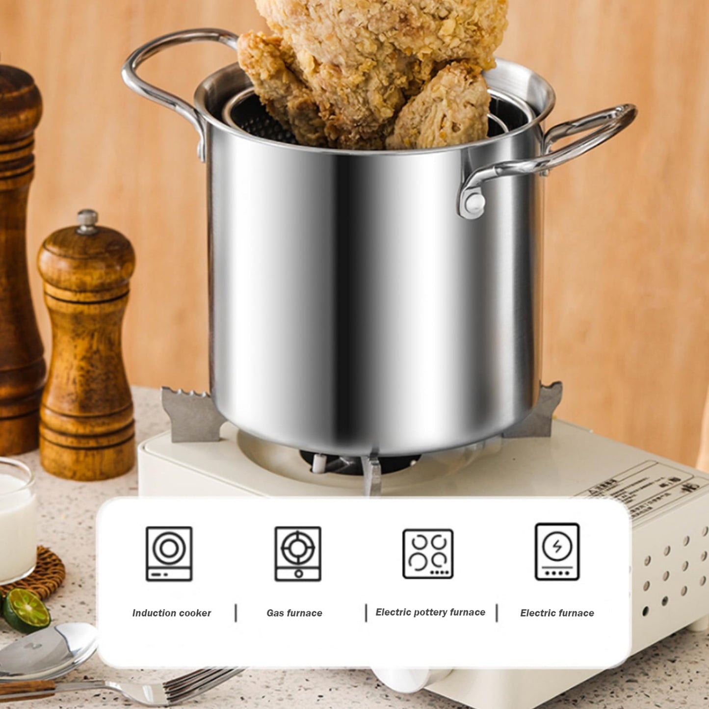 Home deep fryer pot with basket, 3.5-liter stainless steel, versatile fish frying pot with cooking basket for fries, chicken