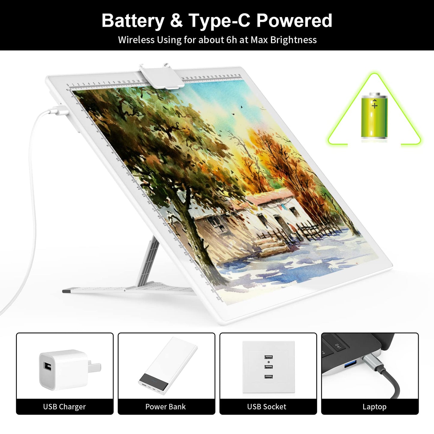 QENSPE A3 Wireless Light Table, LED Light Pad Light Box for Kids with Battery, 3 Color Modes and 6 Brightness Levels, Fully Dimmable, Lightbox with Stand and Magnetic Clip, Diamond Painting Accessories.