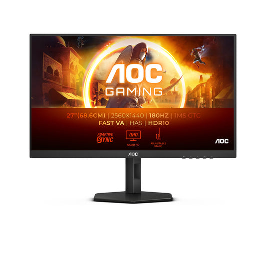 AOC Q27G4XND 27-inch WQHD monitor with 180Hz, fast VA panel, 1ms GtG, Adaptive Sync, HDR10, FreeSync Premium, height adjustment, (2560 x 1440 HDMI 2 x 2.0 DP) Black/Grey