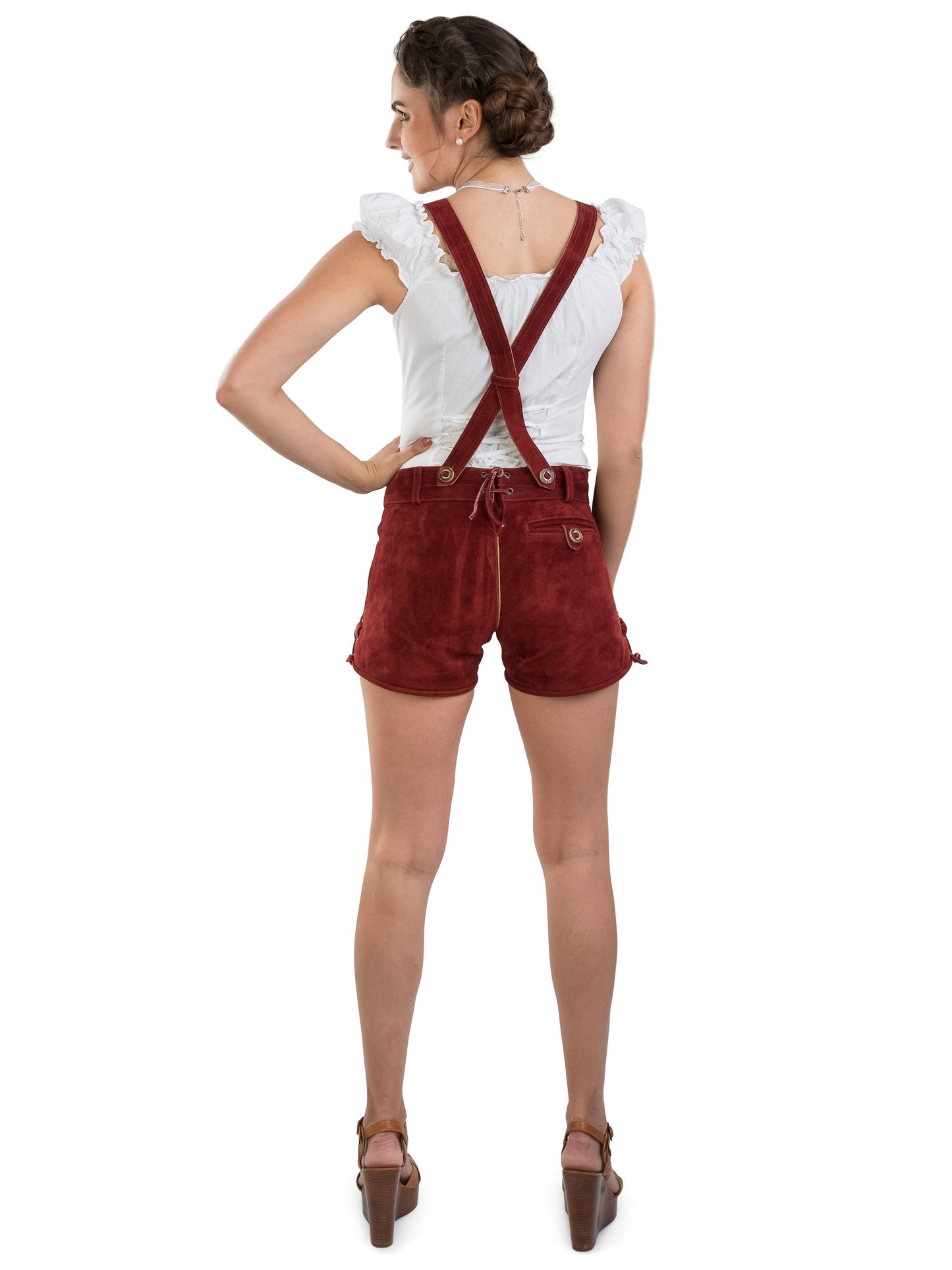 Women's leather shorts - Traditional leather shorts Bergrose - Traditional hot pants with suspenders (30, red)