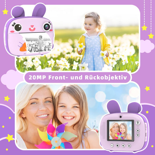 Children's camera instant camera, CAMCLID camera for children with 3 rolls of thermal paper & 32GB card, digital camera & video camera with 2.4" screen, instant camera gift for girls boys (purple)