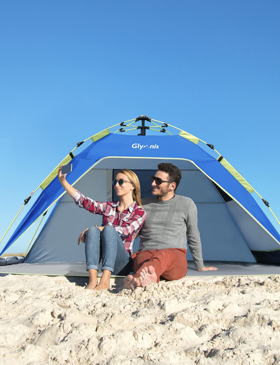 Glymnis Beach Shelter Quick Up Beach Tent Automatic Beach Tent with Zipper Door UV Protection 50+ Wind Protection Small Pack Size Beach Tent for 3 to 4 People