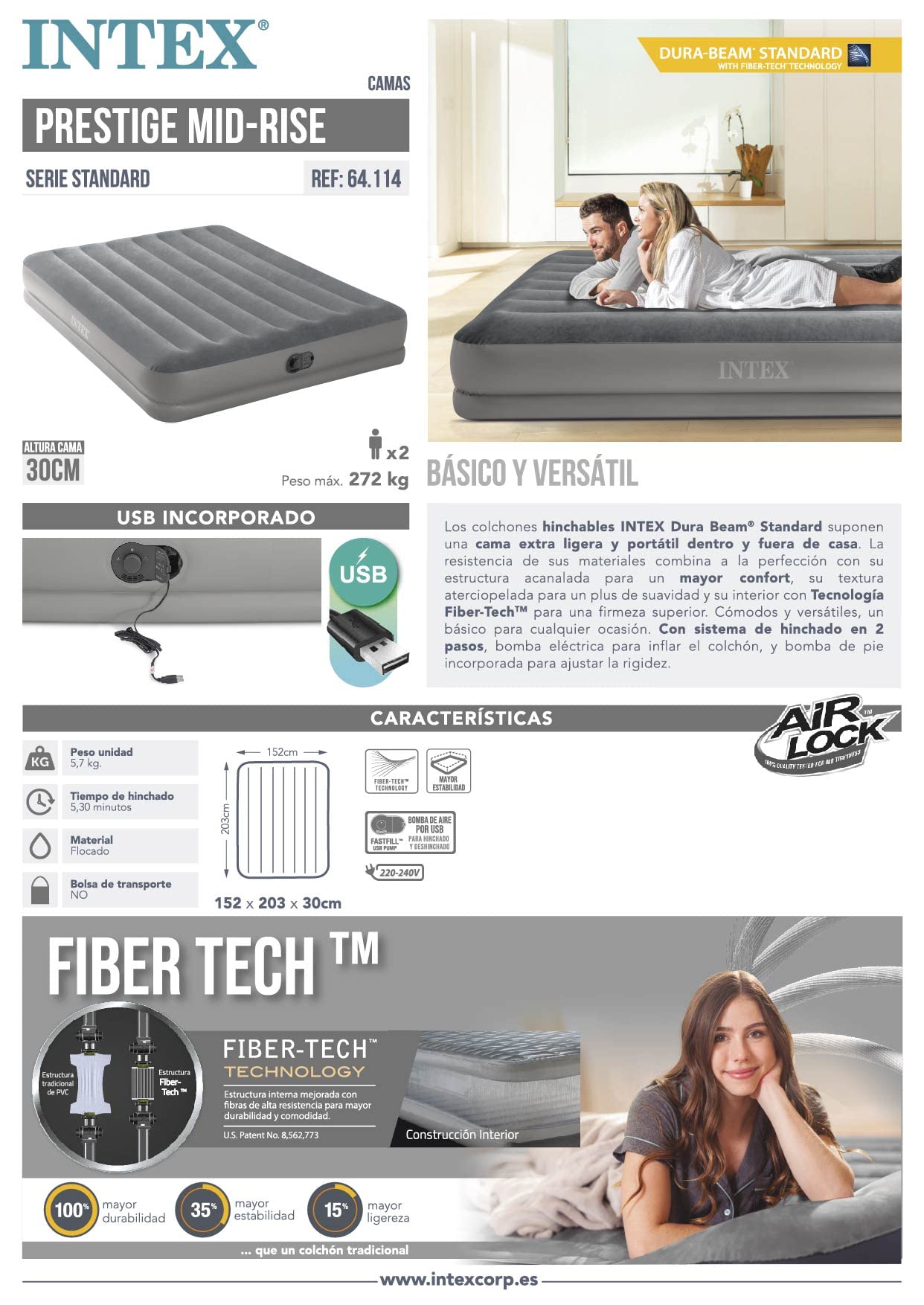 Intex 64114 - Self-Inflating Air Mattress Double Bed Dura-Beam Prestige Mid-Rise, with integrated USB Electric Pump, Suitable for 2 Person, PVC, Gray, 152x203x30 cm