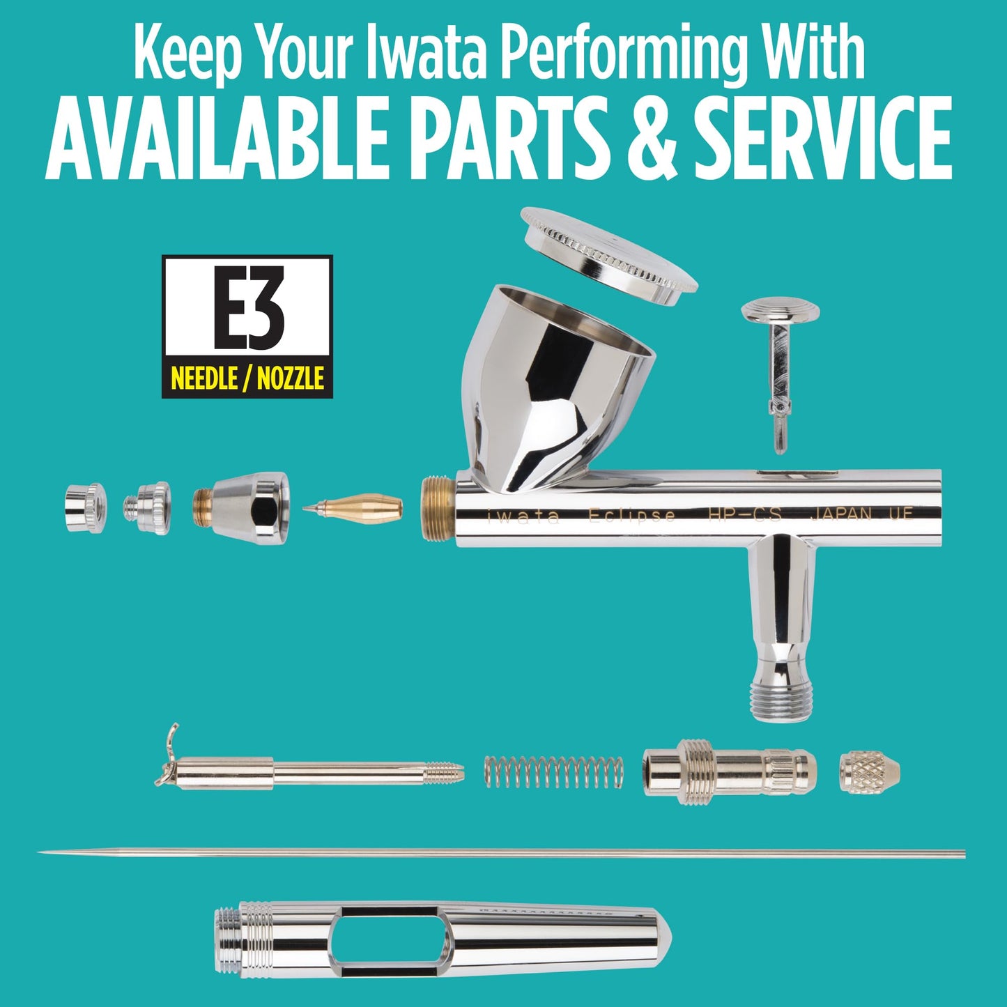 Iwata-Medea Eclipse HP CS Dual Action airbrush gun with gravity feed cup.