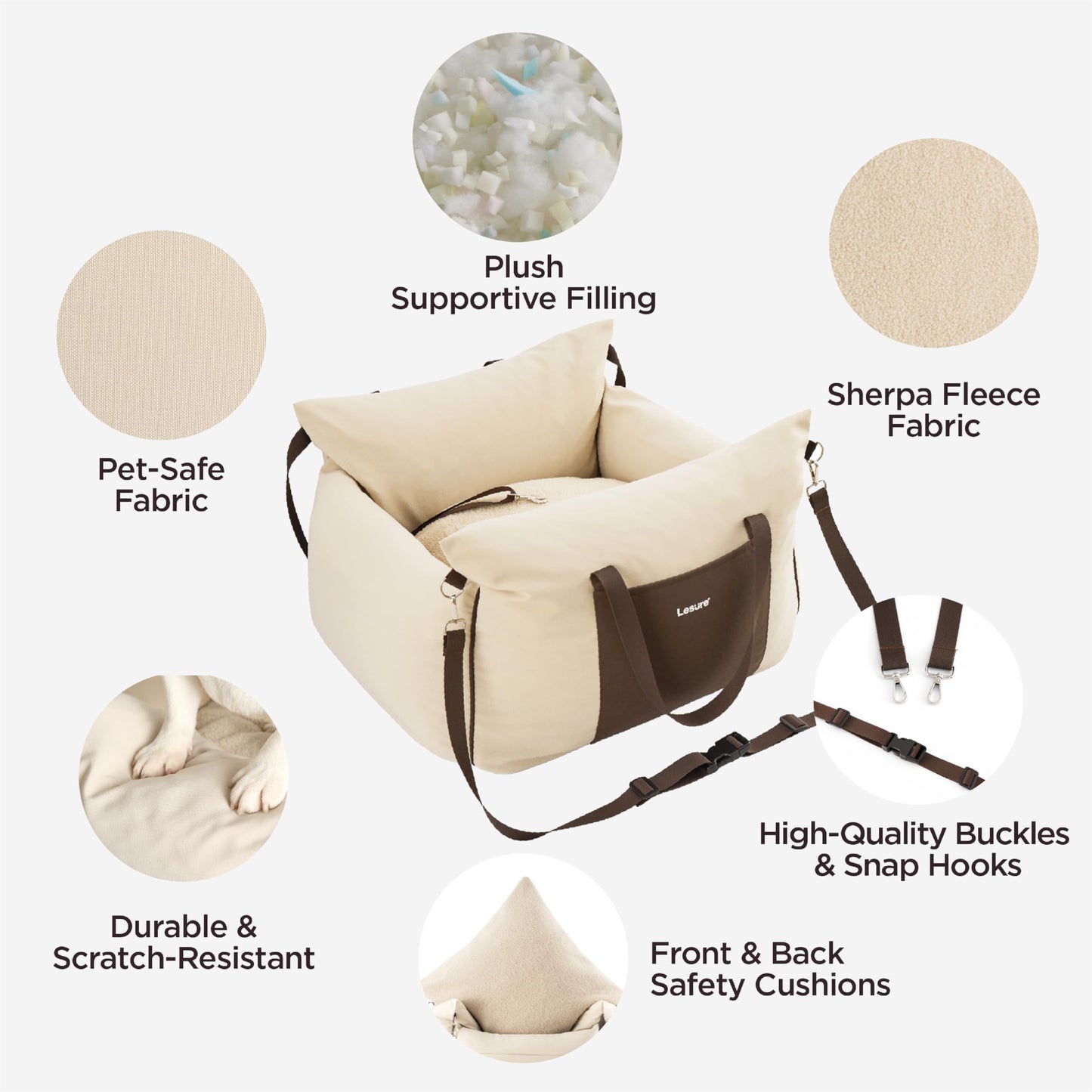 Lesure Dog Car Seat for Small Dogs - waterproof and washable dog car seat with storage pockets, detachable safety leash, and thickened memory foam filling, 58x56x33cm, Beige.