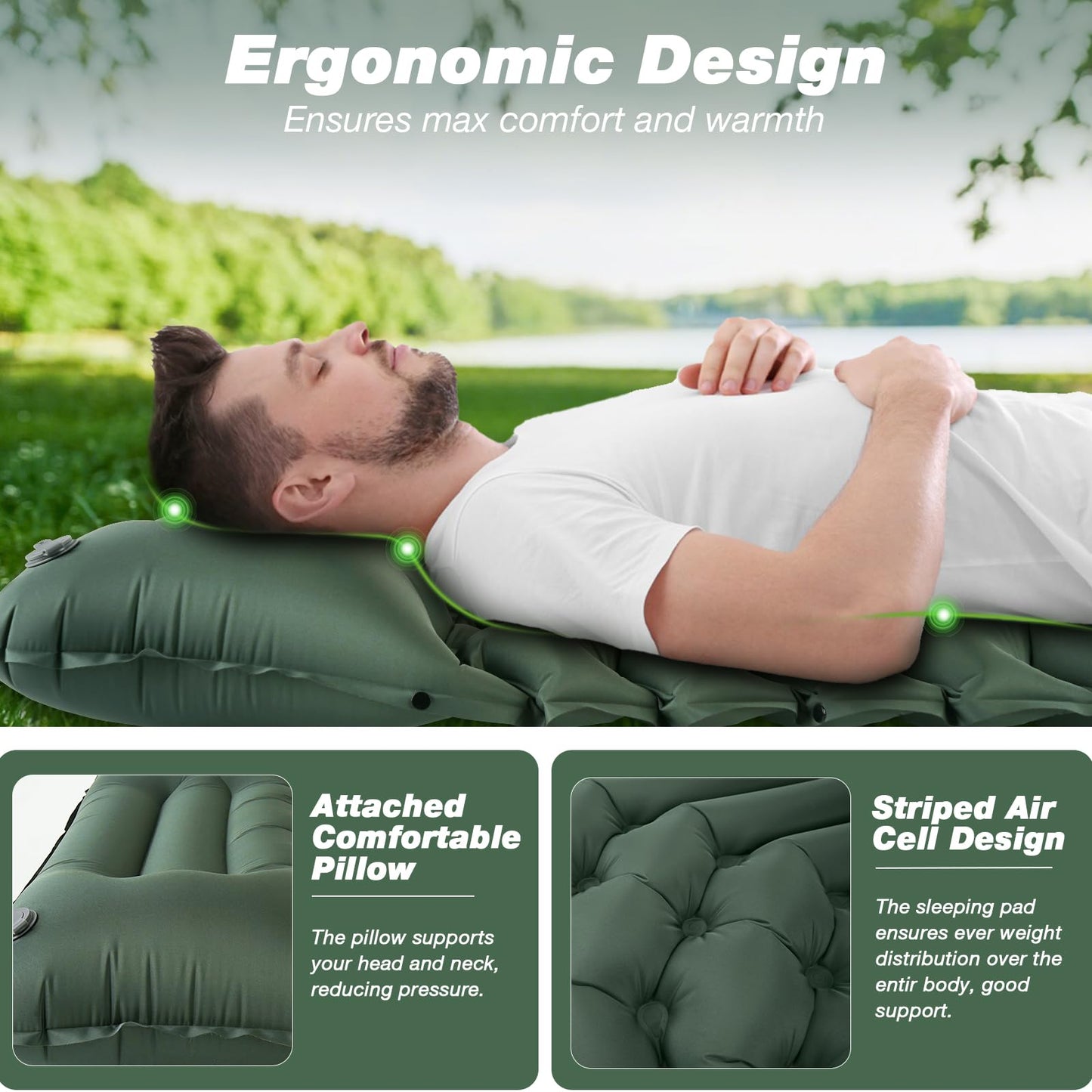 Self-inflating sleeping mat, JATEKA inflatable mat for 2 people for camping. Sleeping mat with pillow & foot pump. Compact lightweight air mattress for camping, backpacking, hiking, and travel tent.