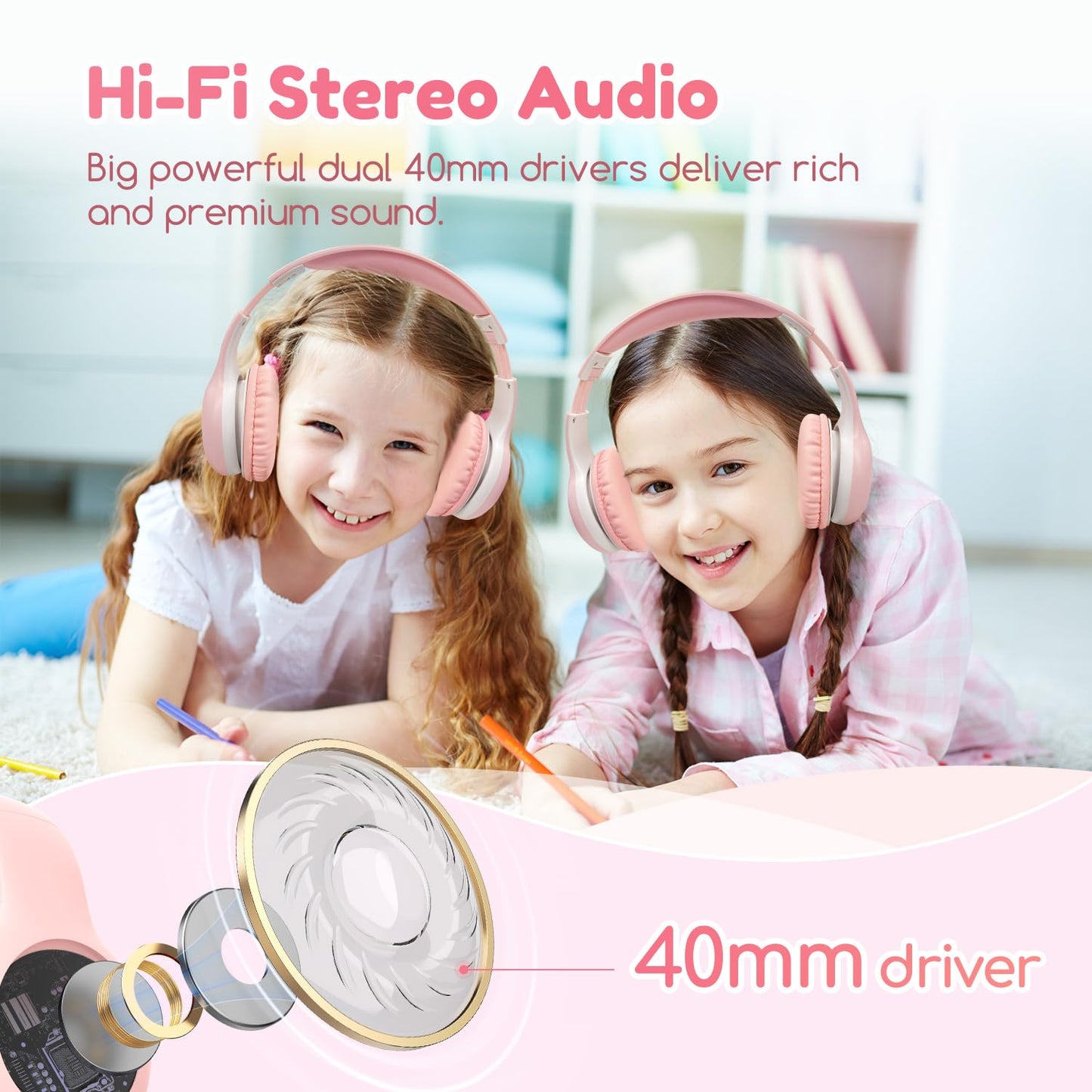 EarFun Bluetooth headphones for kids, 85/94dB volume control, HiFi sound, HD microphone, 40 hrs battery, foldable, adjustable, wireless Bluetooth headphones for school/travel, Pink
