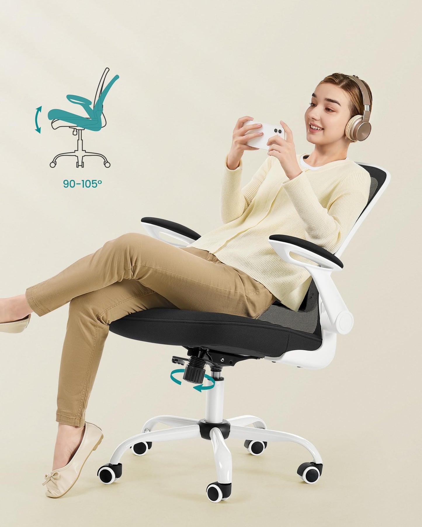SONGMICS Ergonomic Canvas Office Chair, Seat with Padded Lumbar Support, Tilt Mechanism, Wide 53cm Seat, Foldable Armrests, Black and White OBN37WT