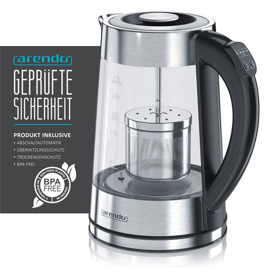 Arendo - Glass water kettle with temperature setting and tea infuser - Adjustable temperatures 40, 70, 80, 100 degrees - 1.7 liters - Auto shut-off - Keep warm function