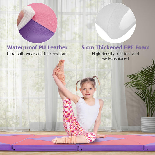 GOPLUS Folding Gym Mat, 240ร117ร5cm, Soft Floor Exercise Mat with 2 handles & Velcro Straps, suitable for Gymnastics, Yoga, and Play, Fitness Mat for Home (Pink + Purple)