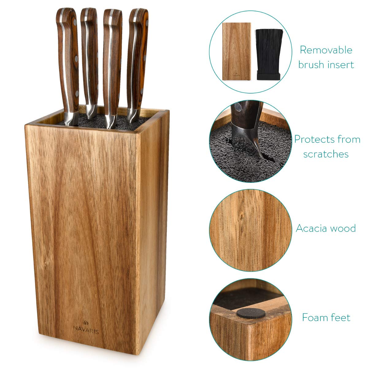 Navaris acacia wood knife block with bristle insert - wooden knife block empty - universal for kitchen knives, chef's knives, cooking utensils.