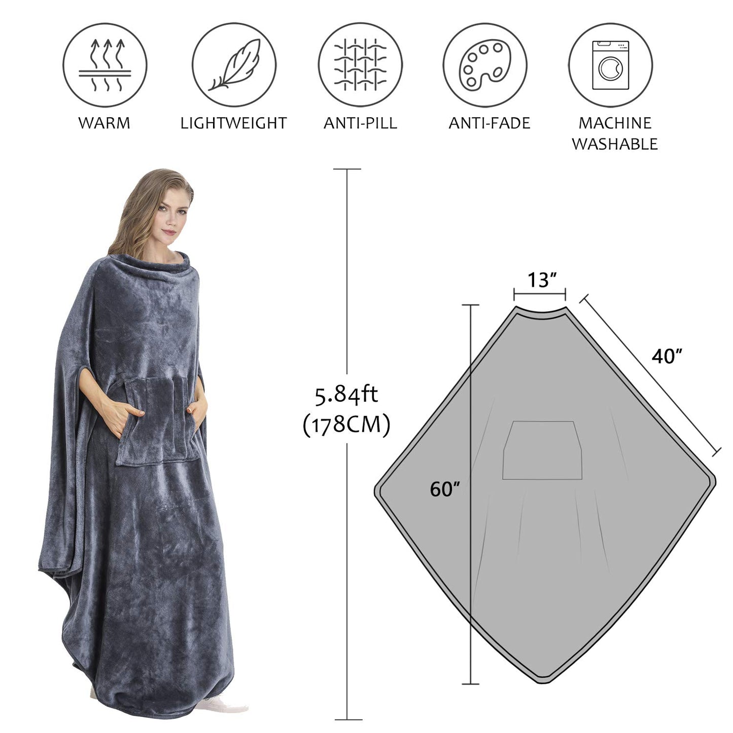 Catalonia Classy Wearable Poncho Blanket Snuggle Wrap Cozy Warm Long Wearable Fleece Blanket with Front Pocket Winter Gifts for Adult Women Men