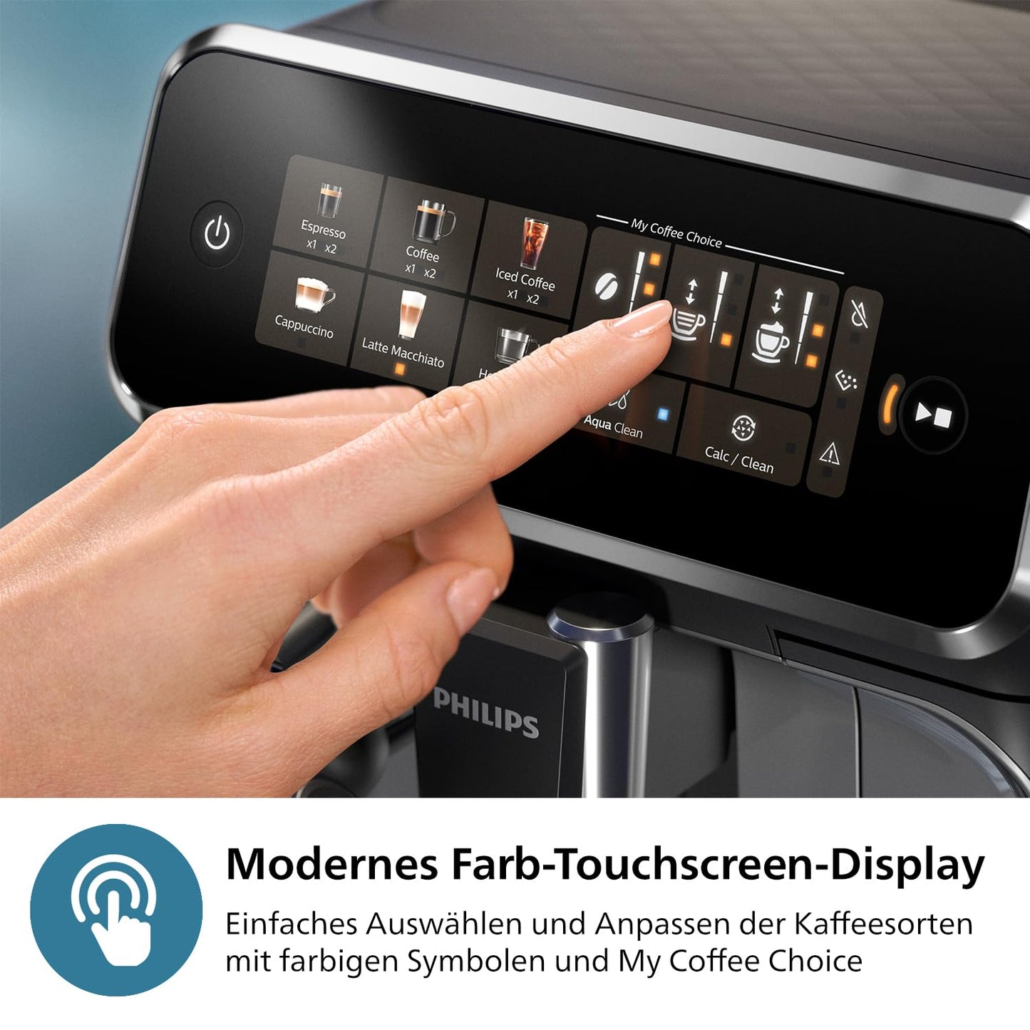 Philips 3300 Series Coffee Machine - 5 drinks, Intuitive touch display, Classic milk frother, SilentBrew, 100% ceramic grinder, AquaClean filter. Black chrome (EP3326/90)