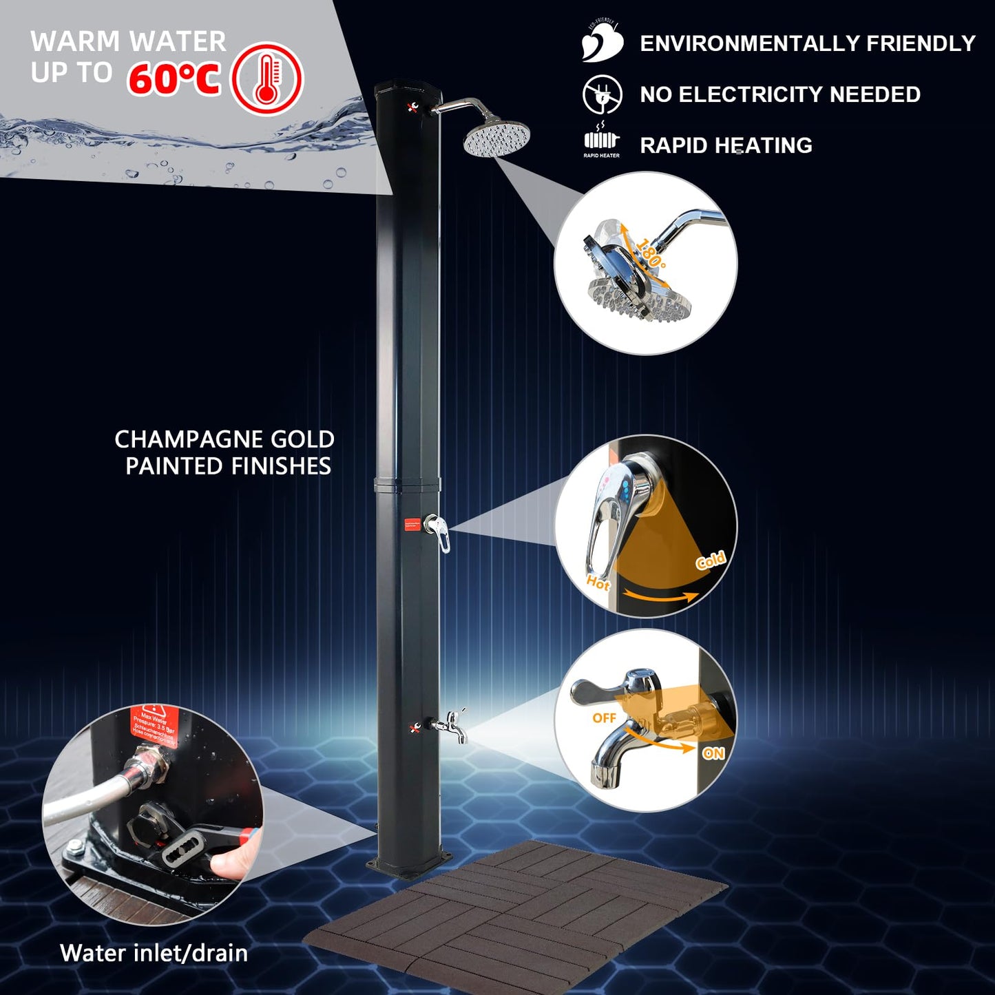CCLIFE 40L solar shower with plastic base and handheld shower head. Solar garden shower for pool, rain shower, outdoor shower, garden sprayer for warm water.