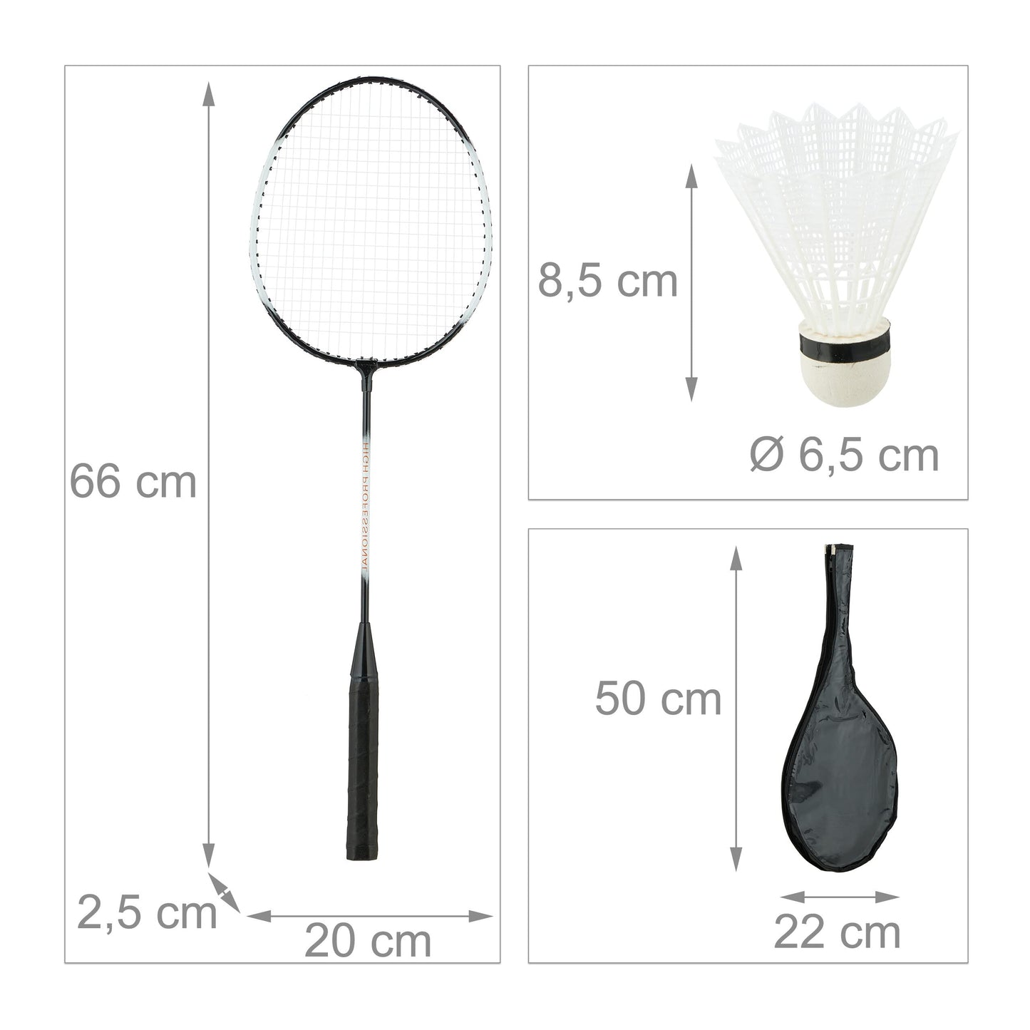 Relaxdays Badminton set with bag, 2 rackets, 10 shuttlecocks, shuttlecock game for children & adults, black/white
