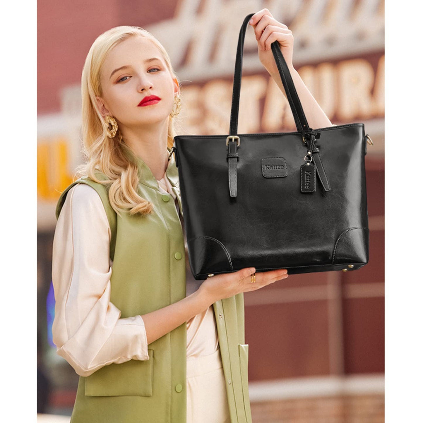Cattee women's shoulder bag made of genuine leather handbag with 14-inch laptop compartment.