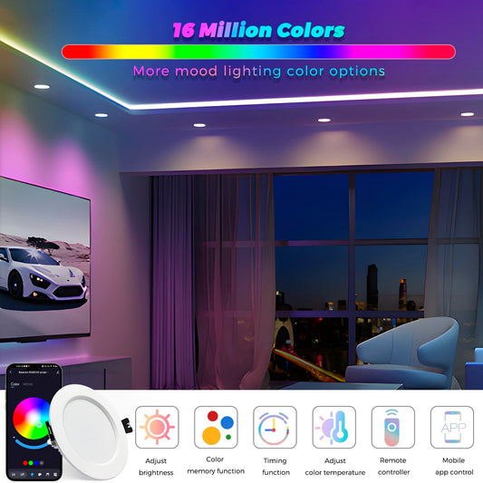6-pack LED recessed lights RGBW dimmable 10W with remote control, recessed lights Bluetooth APP color changing RGB+Warm White +Cool White ceiling spotlights, Round LED downlight 230V for living room, bedroom