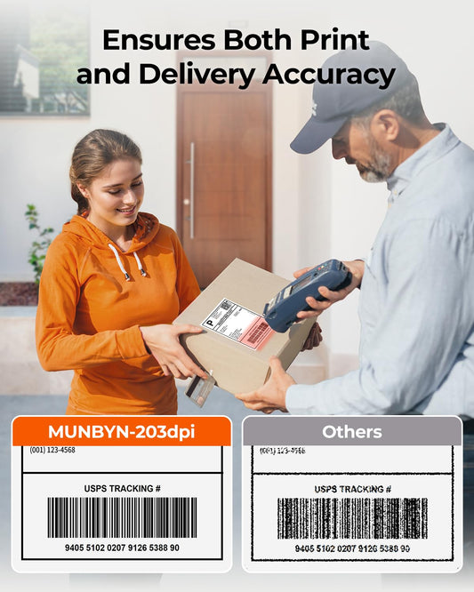 MUNBYN DHL label printer Bluetooth, label printer 4x6 shipping label printer, thermal printer label printer for Shopify, Ebay, Etsy, DHL, DPD, GLS, UPS, with 25 labels, no ink, 130B black.