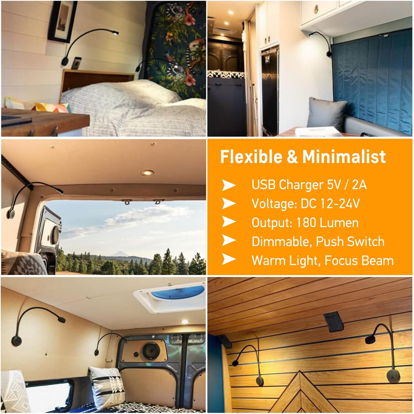 acegoo reading light 12V LED dimmable RV bed lamp, flexible gooseneck bedside DC12-24V 3200K built-in dimmer switch&USB charger, for boat car camper van yacht, wall mount (black)