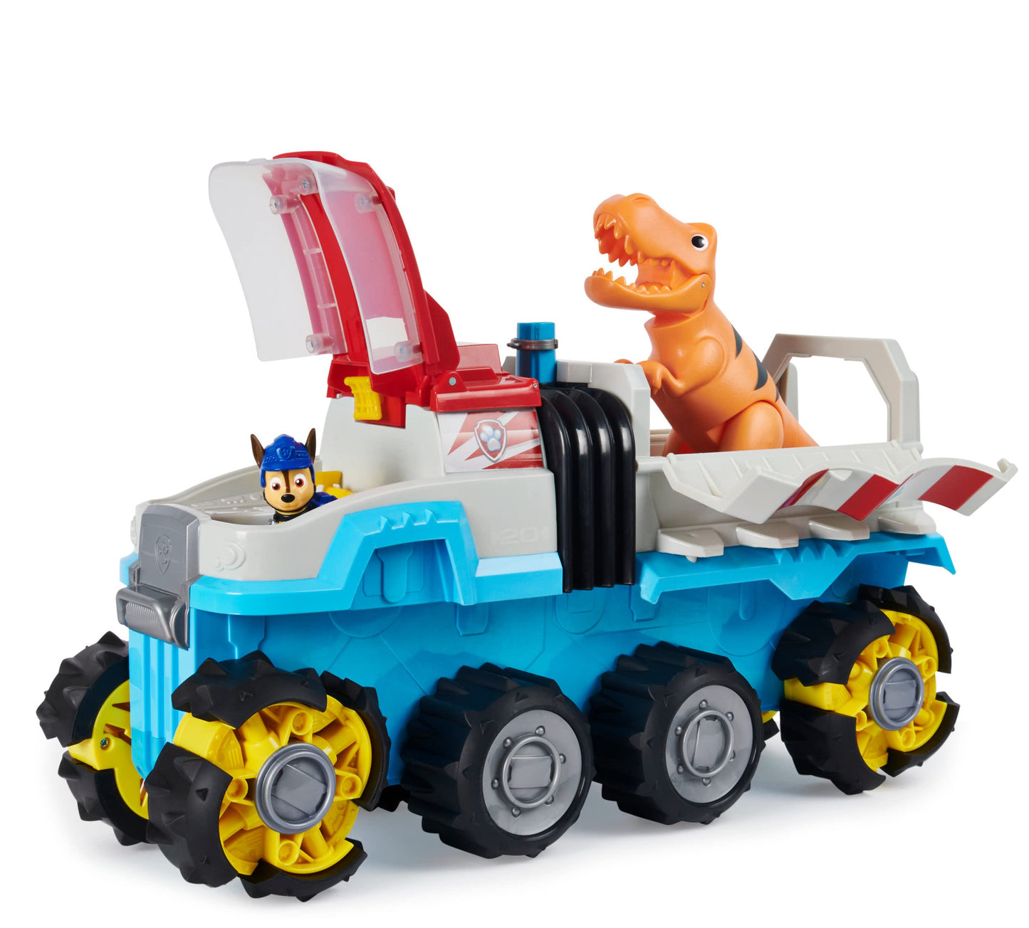 PAW PATROL Dino Rescue Dino Patroller team vehicle with motorized drive, Chase figure and large dinosaur, for ages 3 and up, battery-operated, with sound effects and room for basic vehicles.