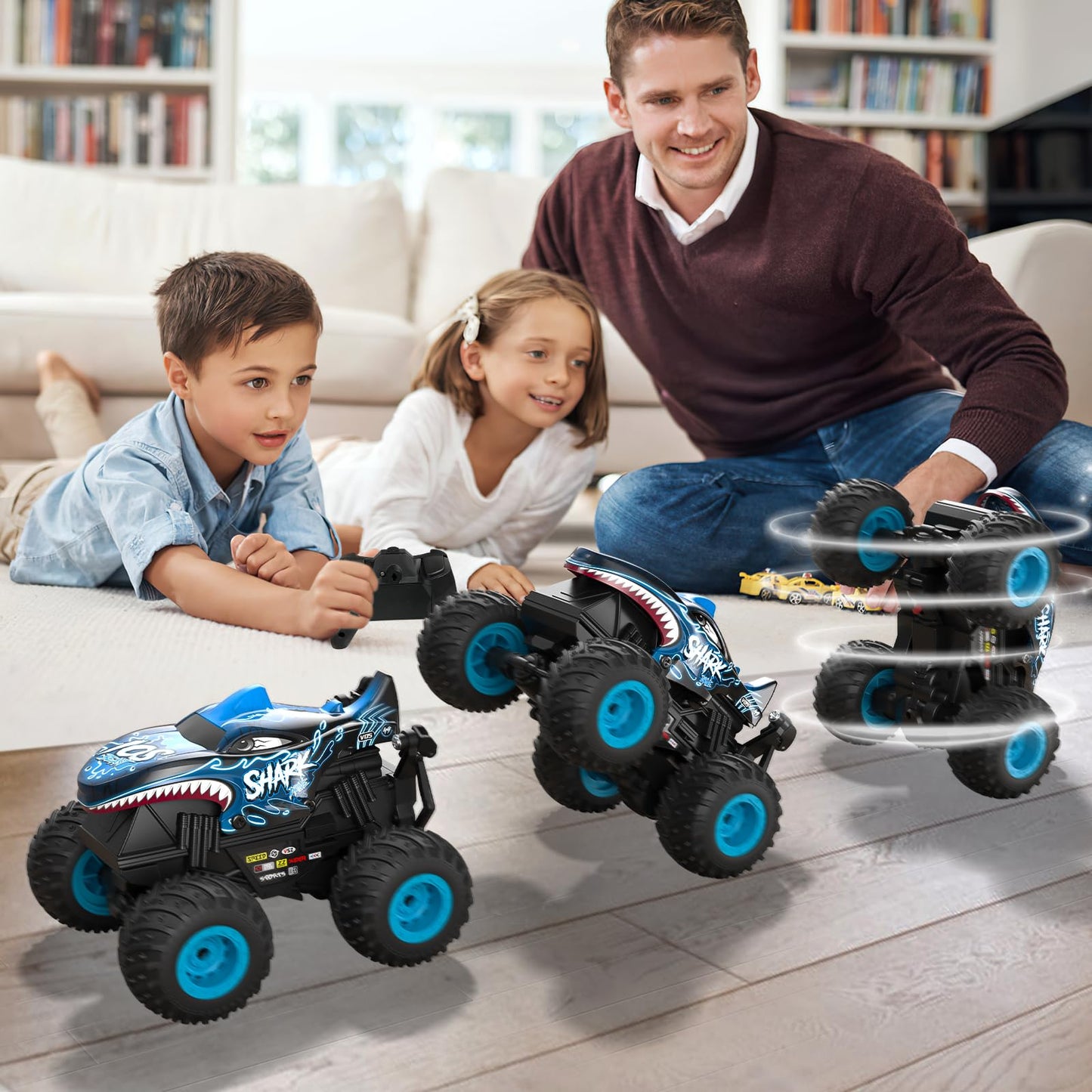 Sunrad Remote Control Car for ages 3-9, RC Monster Truck with 360° upright spin, LED lights and music, Rechargeable RC car toy and gift for kids.
