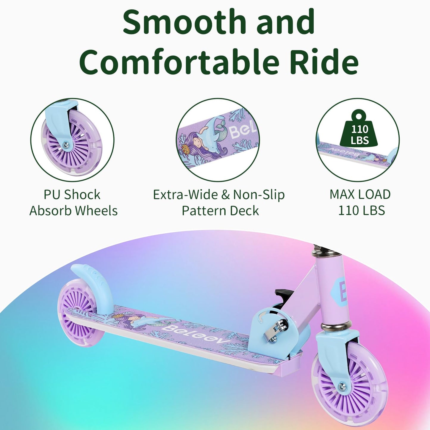 BELEEV V2 Kids Scooter, 6 years old, upgraded with LED light-up wheels, handlebar and deck, adjustable height, rear brake, foldable for kids 4 years old girls boys, for 3-12 years old.