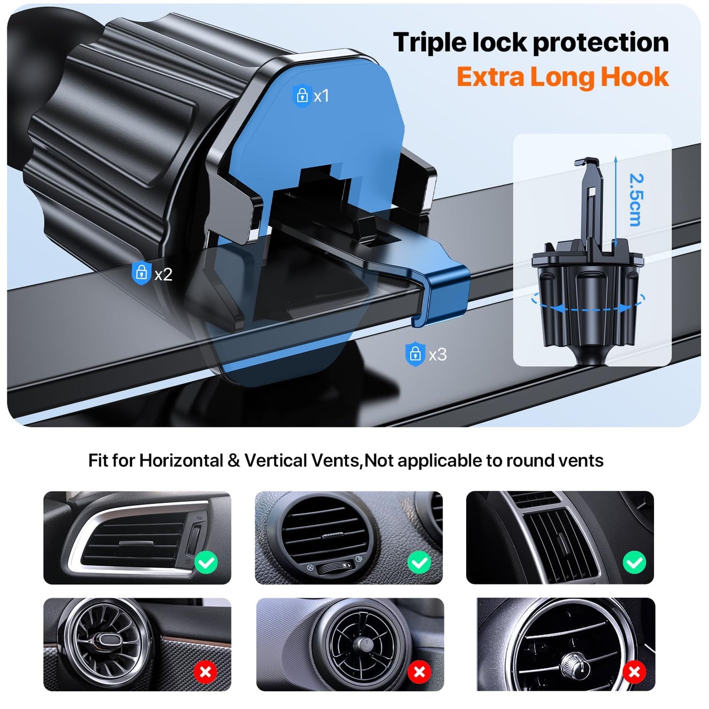 Miracase car phone holder, 360° rotatable universal phone holder for car vents, one-button release car holder for iPhone, Huawei, and other 4-7 inch smartphones.