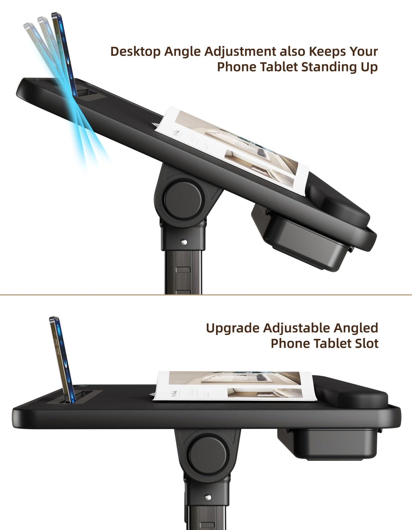 EWX bed desk with folding legs, tablet slot, storage drawer, silicone wrist rest, foldable lap table for eating, working, writing, and drawing.