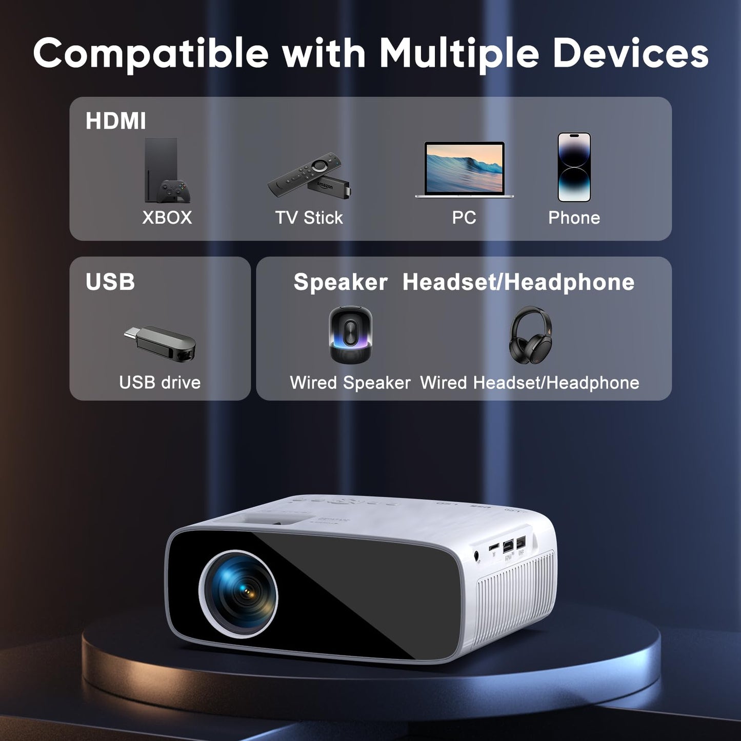 4K supported projector with 15000 lumens, native 1080P resolution, 5G WiFi, Bluetooth, 50% zoom. AKATUO mini projector for home theater and outdoor use, compatible with smartphones, HDMI, USB, laptops, and Fire TV Stick.