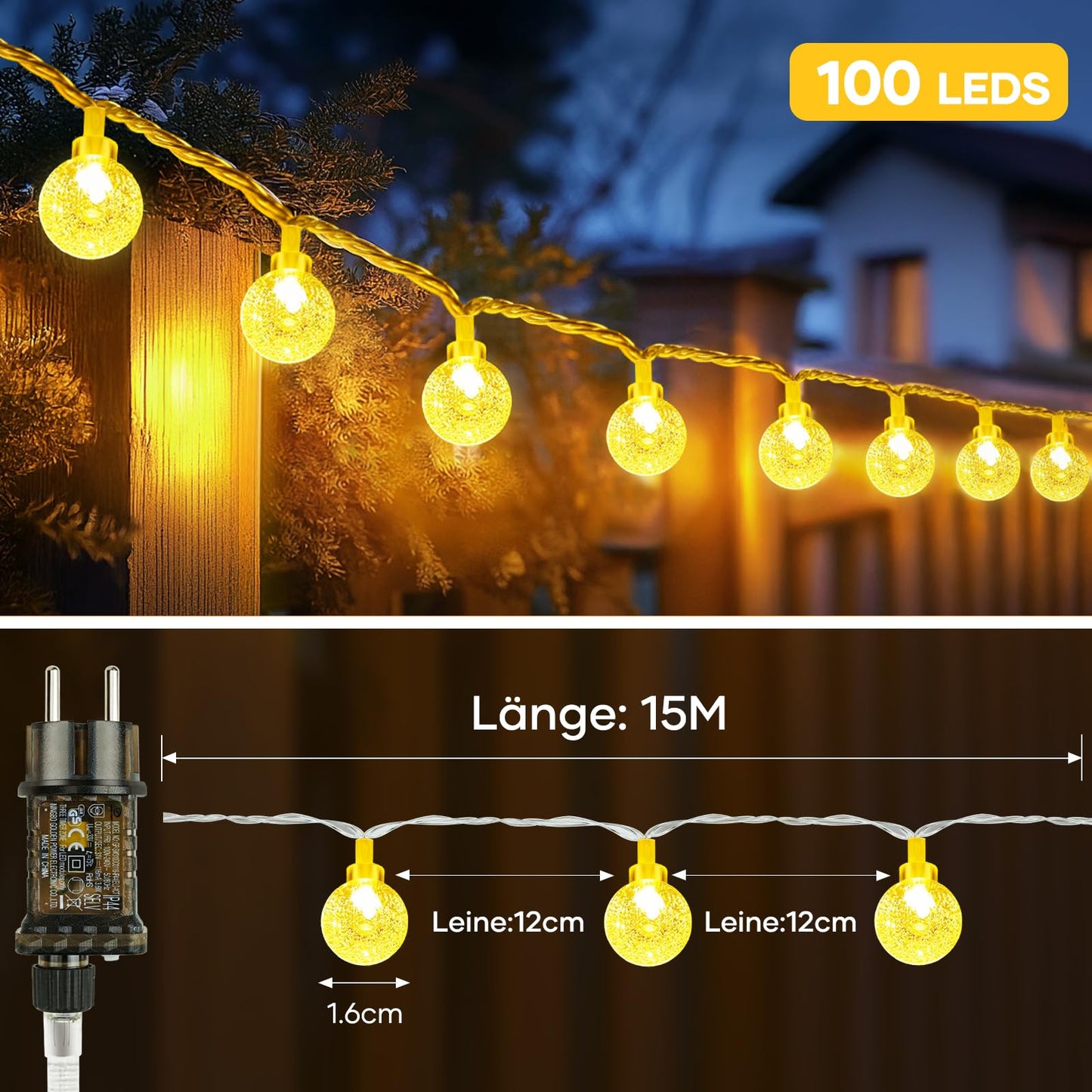 LED fairy string lights powered by electricity, 15M warm white ball string lights with plug for outdoor and indoor use, IP65 waterproof string lights with dimmable remote control, great for rooms, Christmas, parties, gardens.
