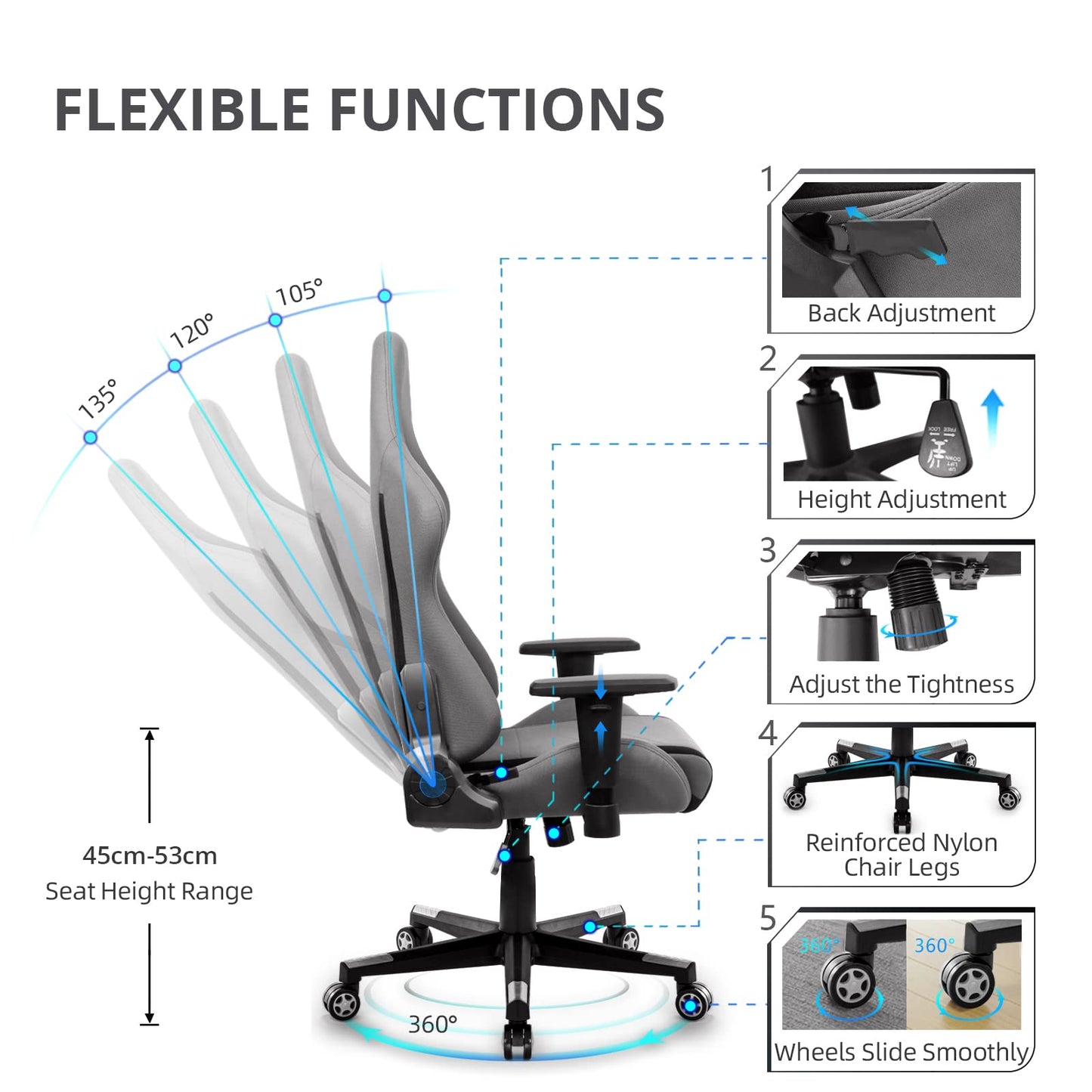 IntimaTe WM Heart Gaming Chair, Ergonomic Fabric Gamer Chair, Racing Office Chair with Adjustable Armrests, Computer Chair with Lumbar Pillow, Padded, Swivel Chair Rocking Function Gray