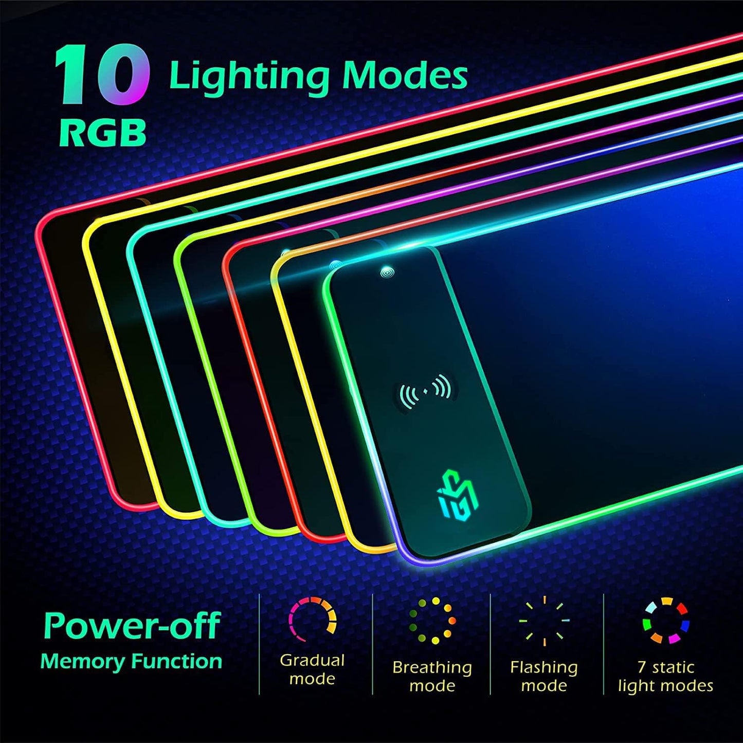 RGB Gaming Mousepad with 15W Qi Mousepad LED, 10 lighting modes and 15W fast charging Qi wireless charging for iPhone, headphones, waterproof, non-slip for gaming, desks, PC, and office.