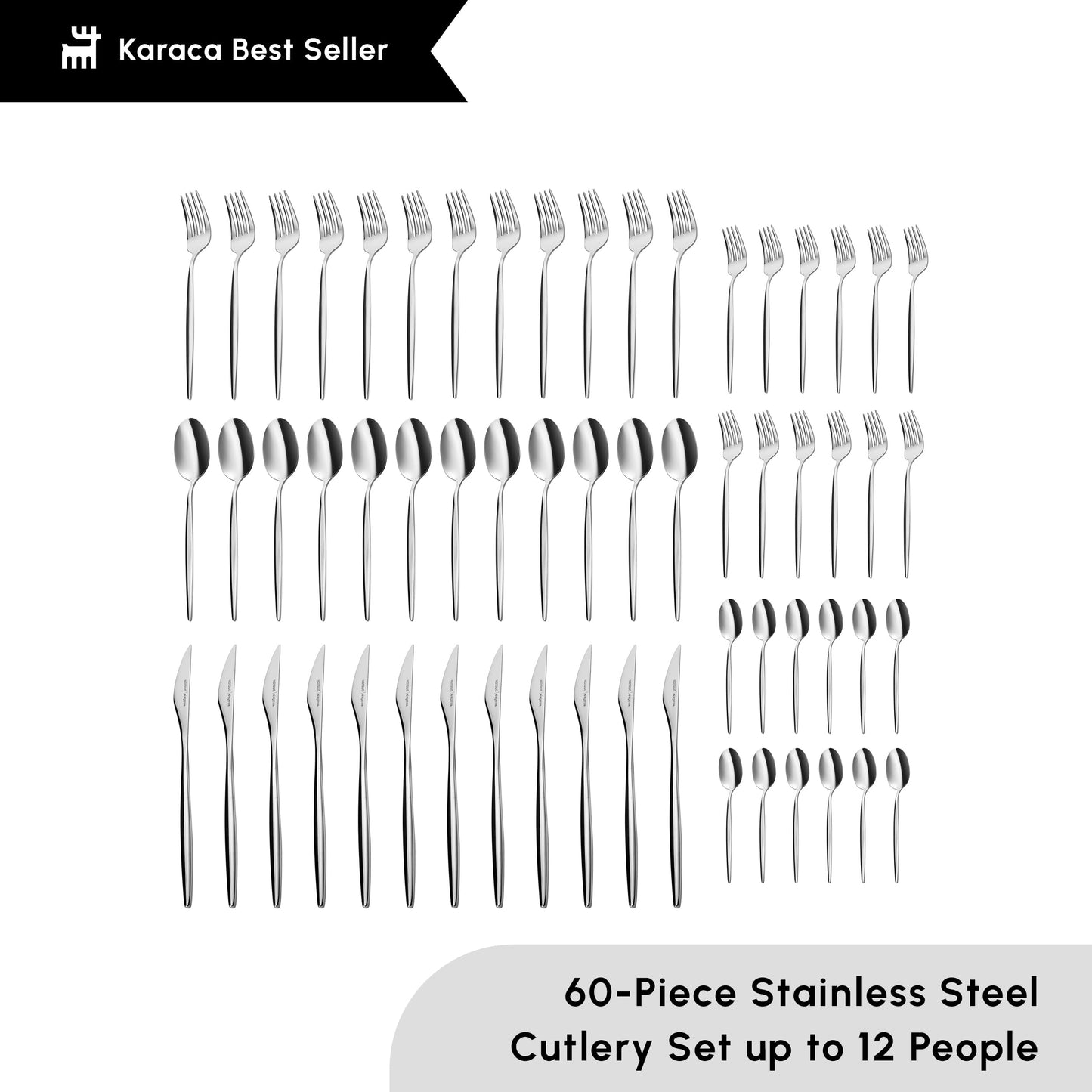 Karaca Lisbon Cutlery Set With Box Set 60 Pieces, For 12 People, 18/10 Stainless Steel Cutlery Set, Dishwasher Safe, Perfect For Daily Use, Premium Quality