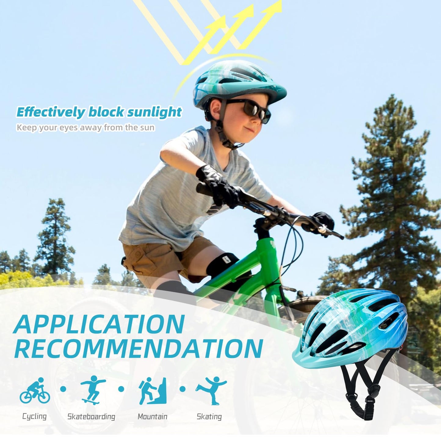 Children's bike helmet for boys 52-58CM, kids bike helmet with light, girls bike helmet kids helmet, multiple ventilation bike helmet for children 5-13 years old protective helmet.