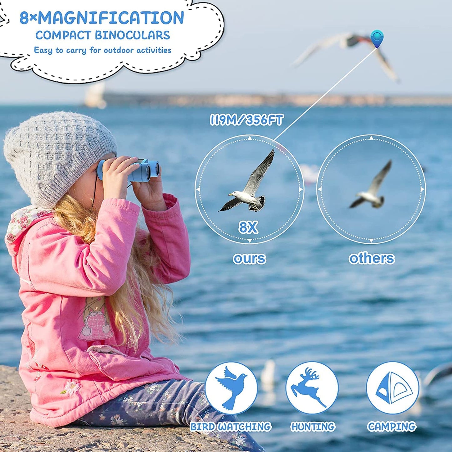 Kizplays® Kids Binoculars, 8x21 High Power Magnification, HD Binoculars Case, Bird Watching, Hiking, Sightseeing, Wildlife Toy for Little Boys Girls 4 5 6 7 8 Years Birthday Gift