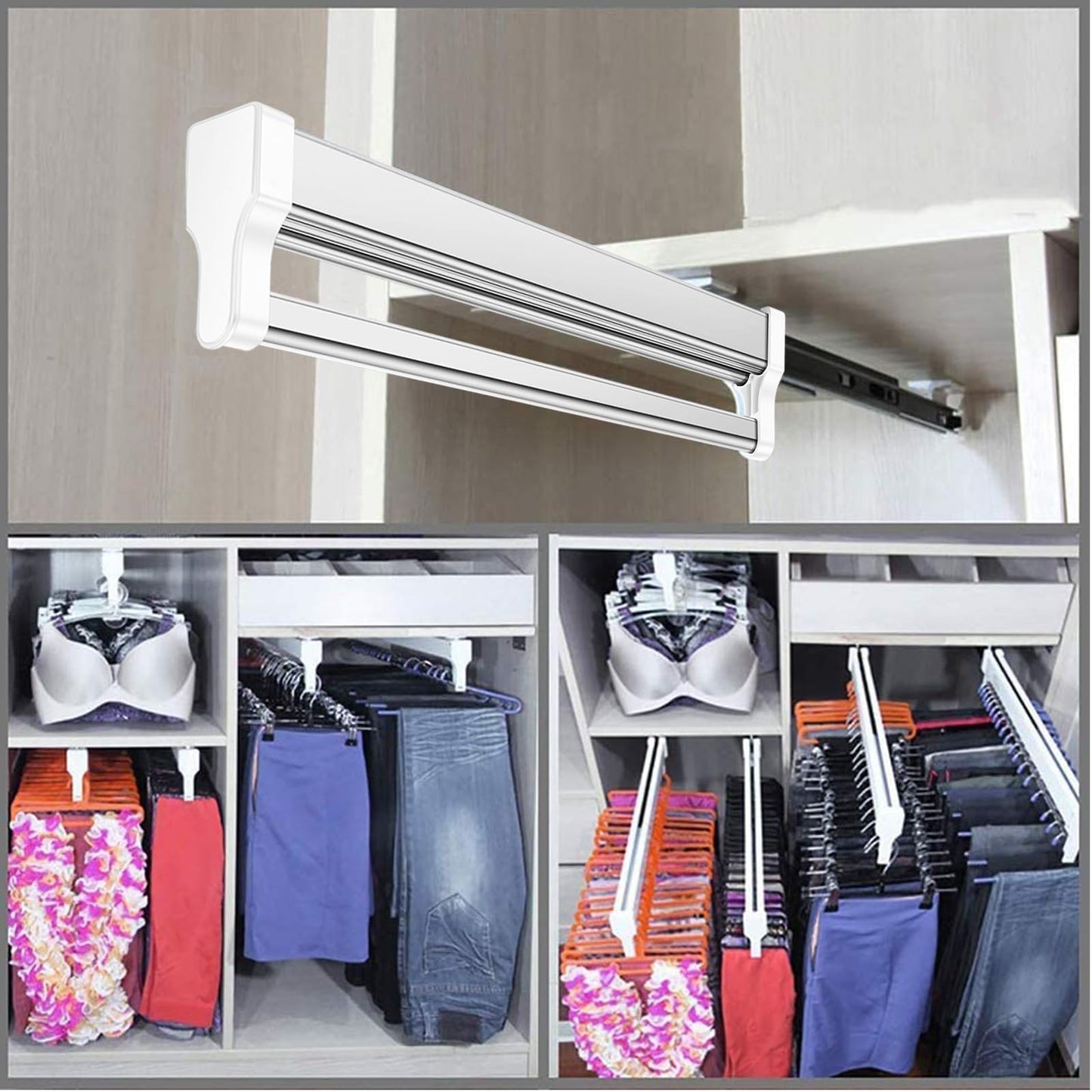 Retractable clothes rail for pulling out hangers, adjustable wardrobe telescopic pole clothes rail 292mm white