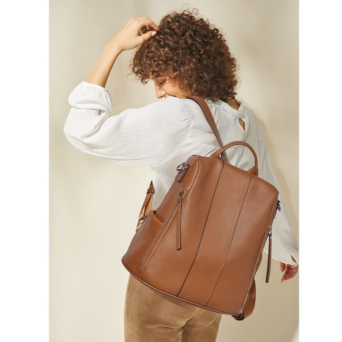 S-ZONE Women's Backpack, Soft Leather, Theft Protection, Wallet, Waterproof, School Bag, 2-Brown, 38