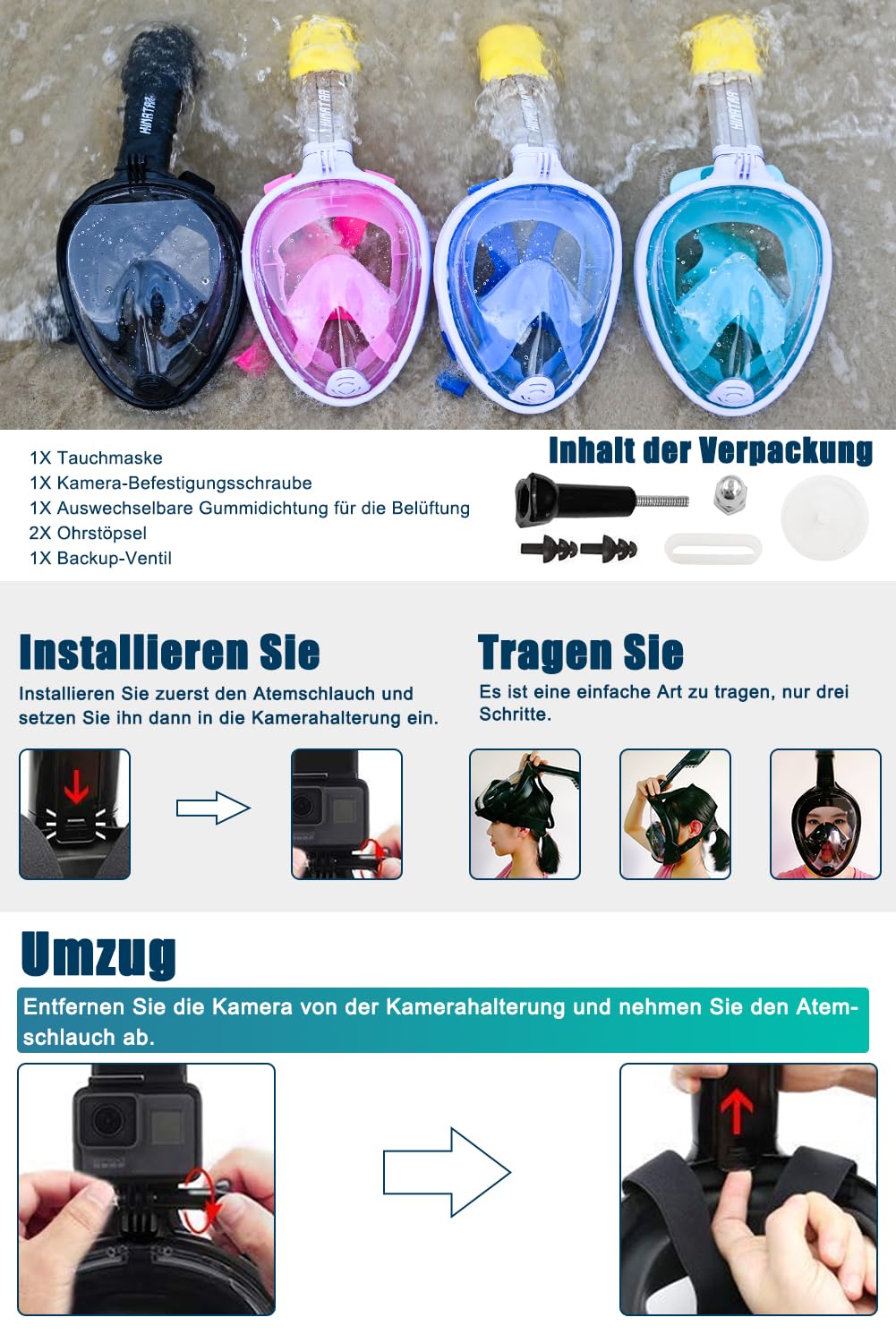 HINATAA Snorkel Mask, 180° Full Face, Diving Mask, Free Breathing, Anti-Fog and Anti-Leak Technology with Adjustable Head Straps for Adults, Teens, Kids (Pink, L-XL)