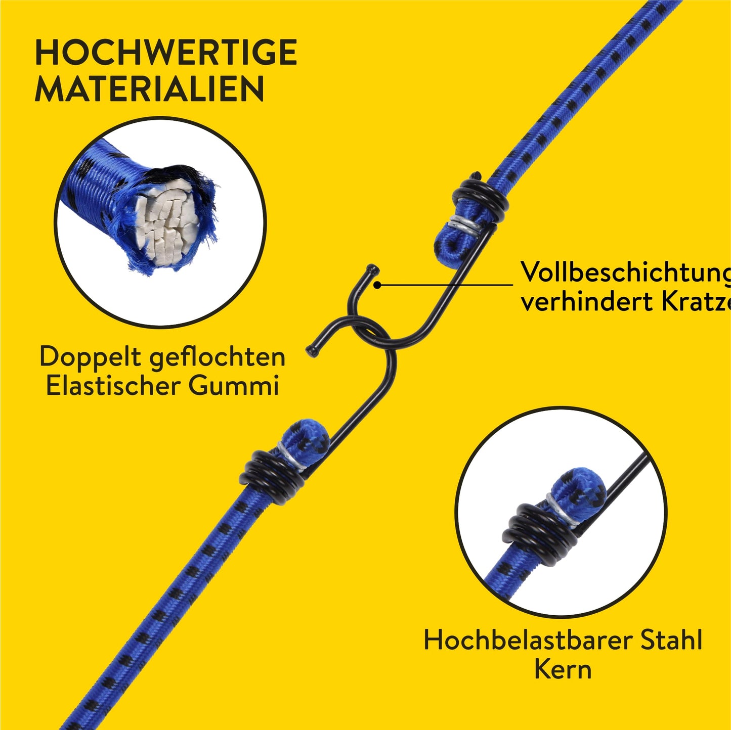 PRETEX 12-pack Universal Bungee Cords with Hooks - 88 cm long rubber straps set - 12x bike tie-down straps - Bungee Cord Set - Blue