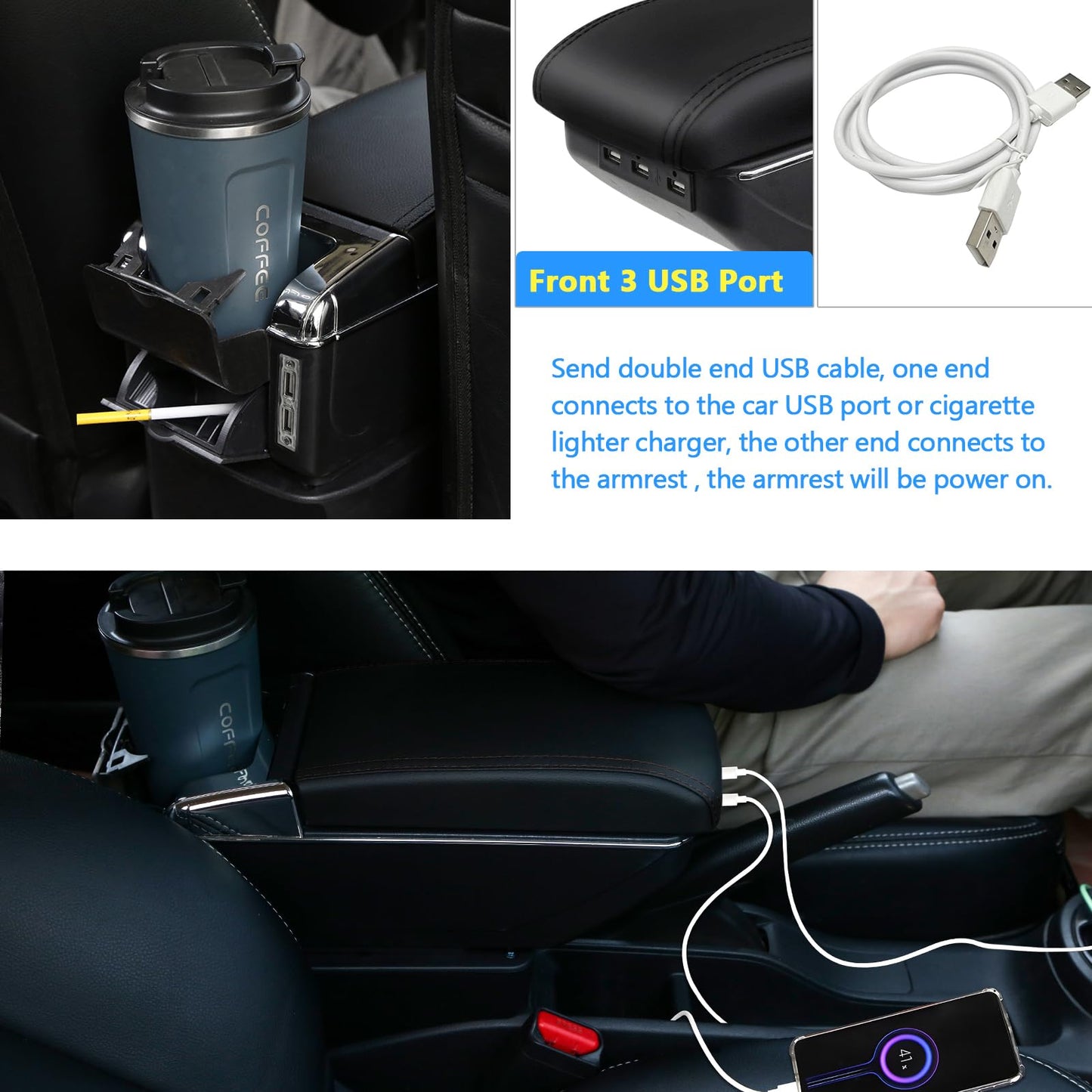 YJYWZH armrest compatible with Fiat 500 center console storage box Rotatable with drink holder Double layer retrofit parts